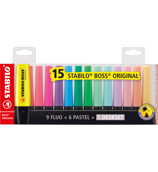 Resaltador, Boss, Punta Biselada 2.0-5.0 mm, Colores Fluo, Set de Escritorio x 15 Unds. Colores Surtidos